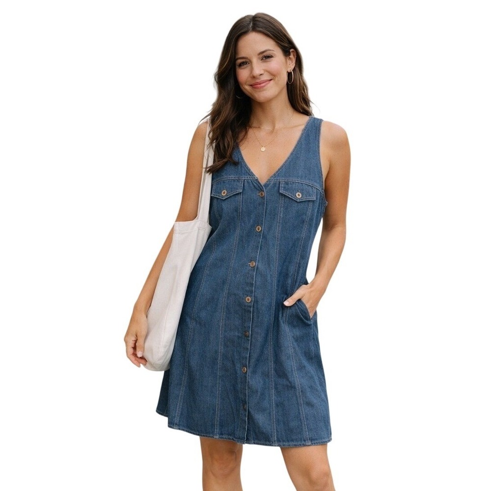 VTG D.P.S New York Denim Pocket Dress Front Button 100% Cotton‎ - Size Large